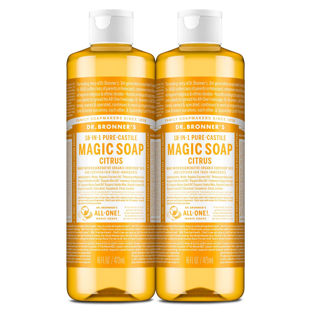 Dr. Bronner's, bouteilles savon liquide citrus 2-pack, offre une mousse riche et agréable.