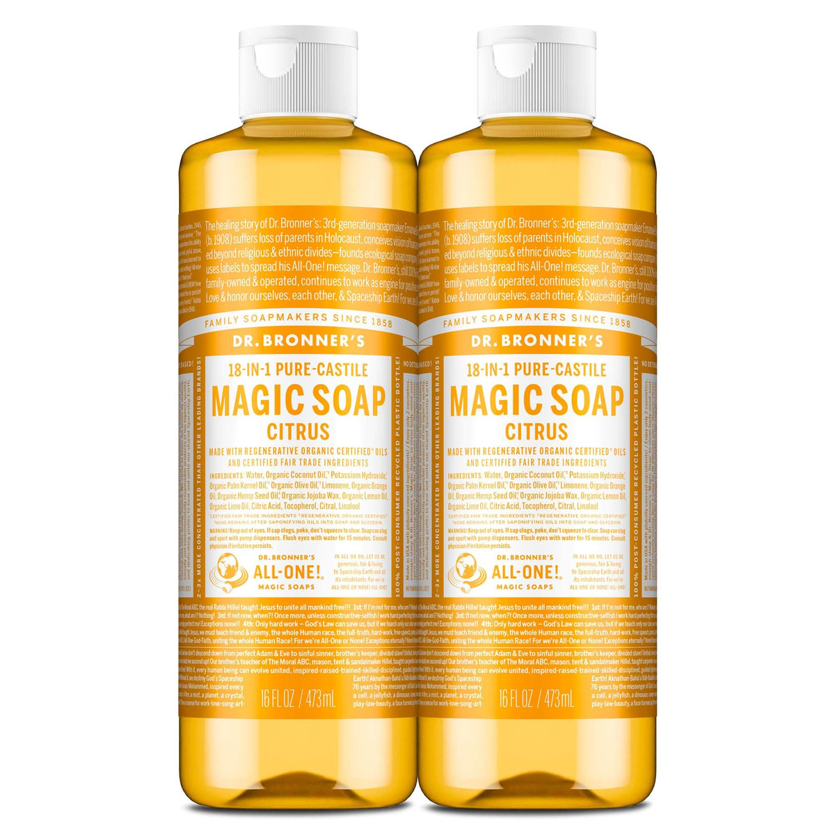 Dr. Bronner's, bouteilles savon liquide citrus 2-pack, offre une mousse riche et agréable.