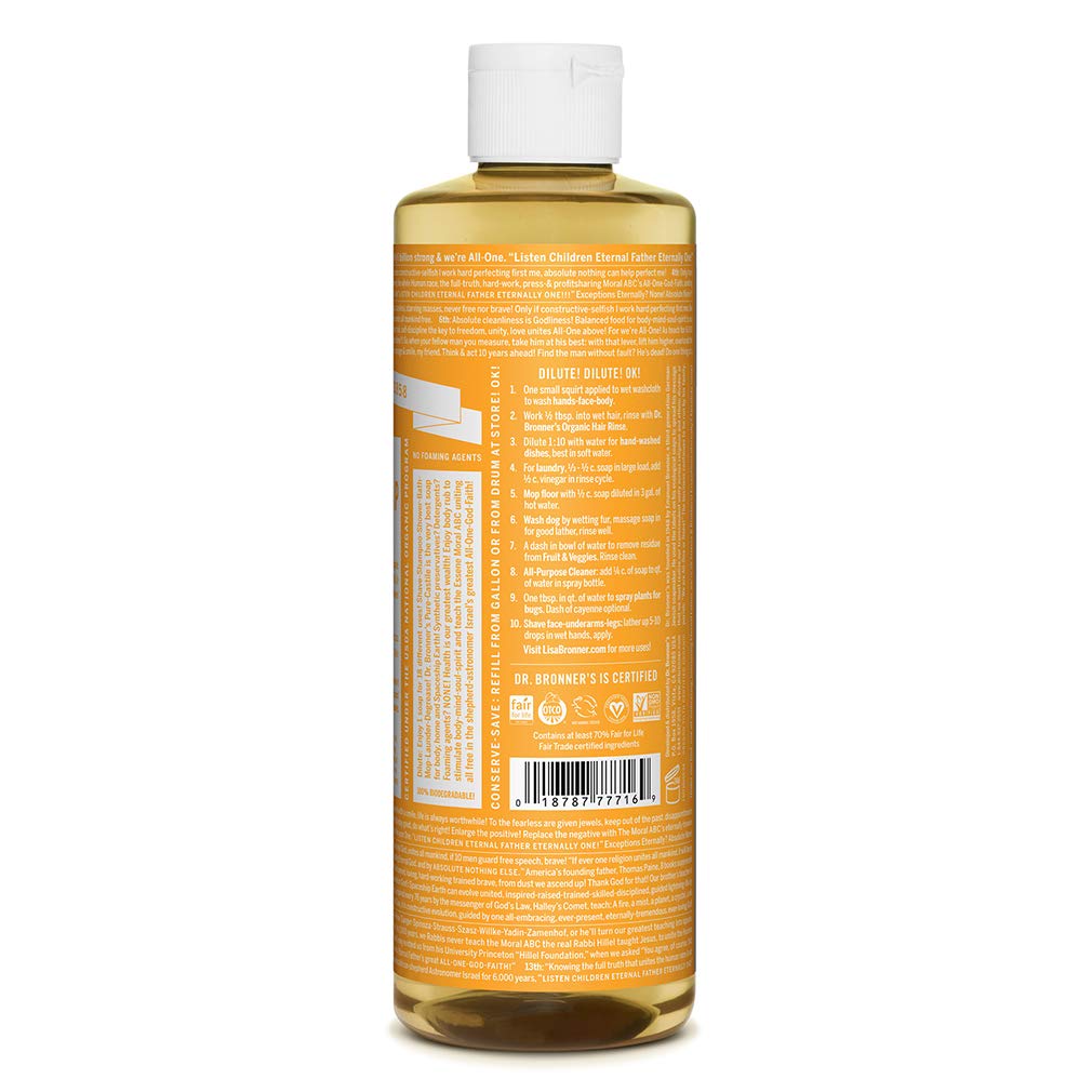 Étiquette bio et équitable sur Dr. Bronner's Citrus.