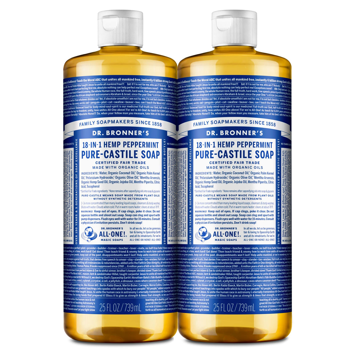 Dr. Bronner's Pure-Castile Menthe, bouteille prête pour usage quotidien visage et corps.