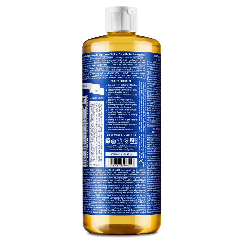 Dr. Bronner's Pure-Castile Menthe, savon concentré à diluer pour diverses tâches ménagères.