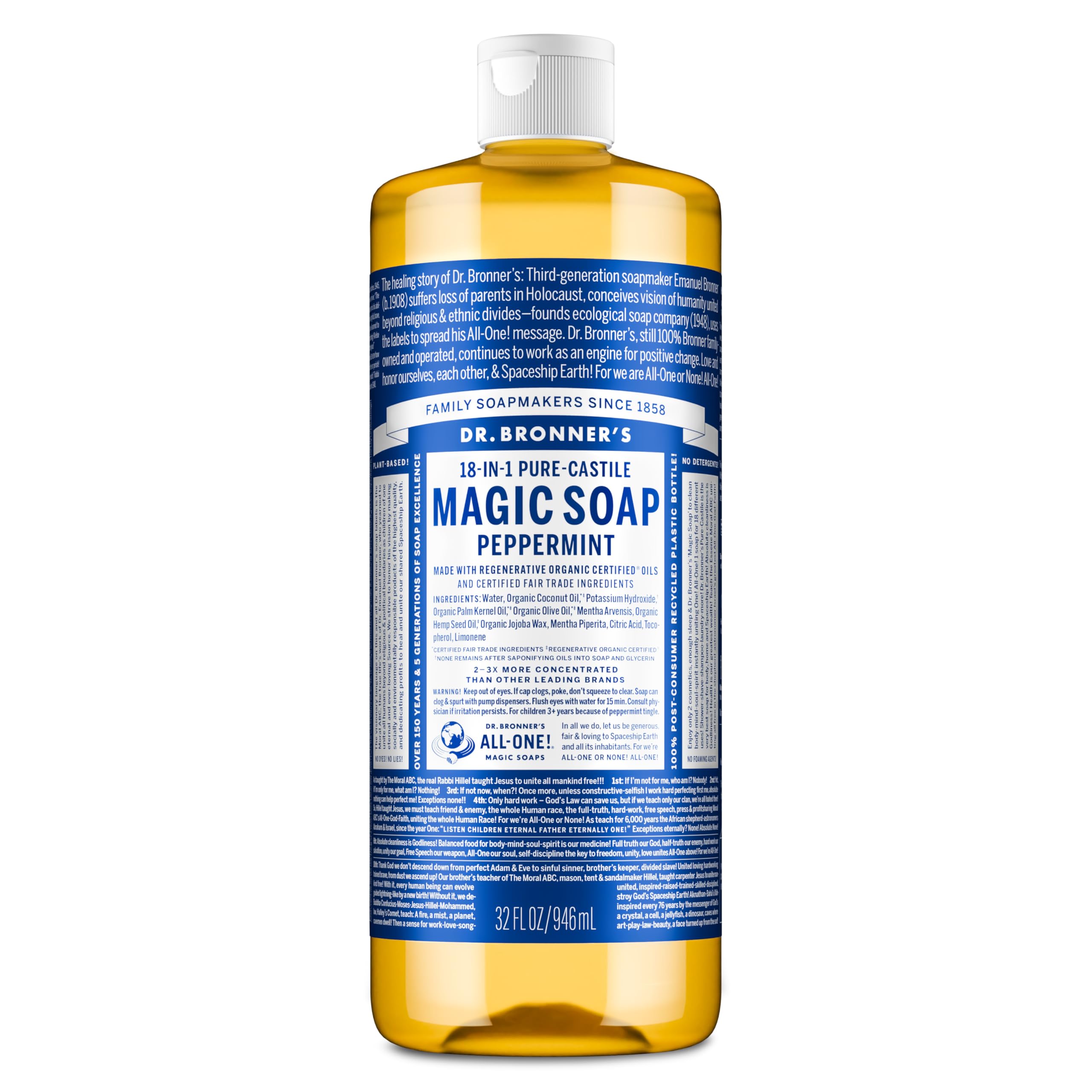 Dr. Bronner's savon liquide pur-castile menthe-poivrée, bouteille prête à l'emploi.
