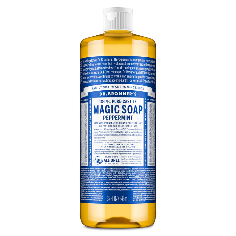 Dr. Bronner's savon liquide pur-castile menthe-poivrée, bouteille prête à l'emploi.