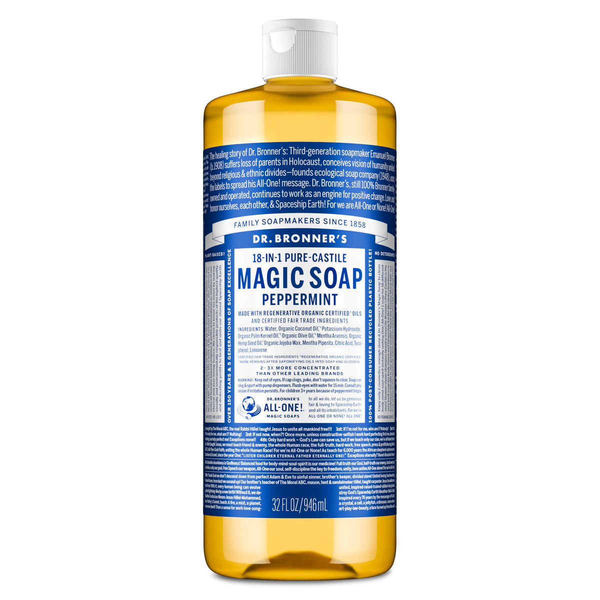 Dr. Bronner's savon liquide pur-castile menthe-poivrée, bouteille prête à l'emploi.