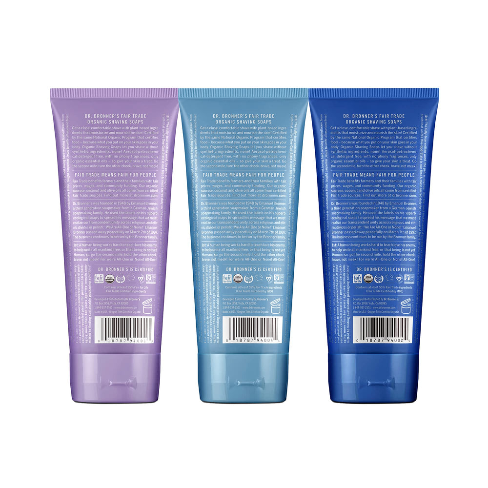 Savon de rasage bébé sans parfum Dr. Bronner's, douceur adaptée peau sensible.