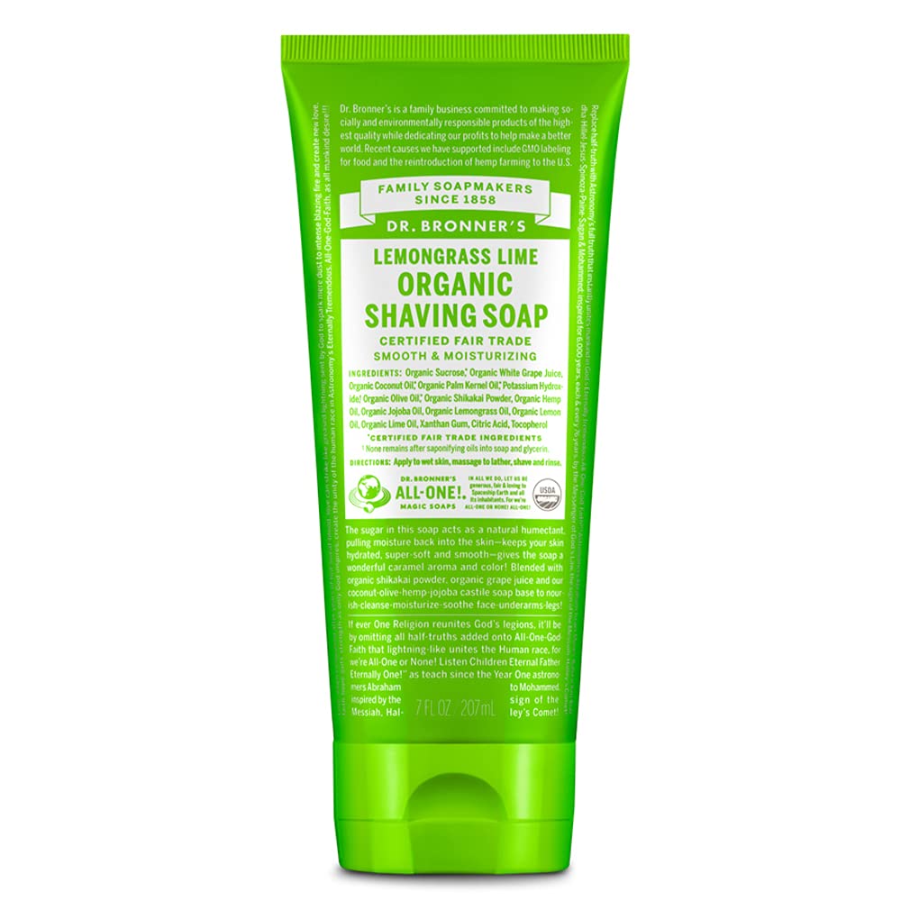 Dr. Bronner's savon de rasage bio citronnelle en bouteille, hydratant et frais.