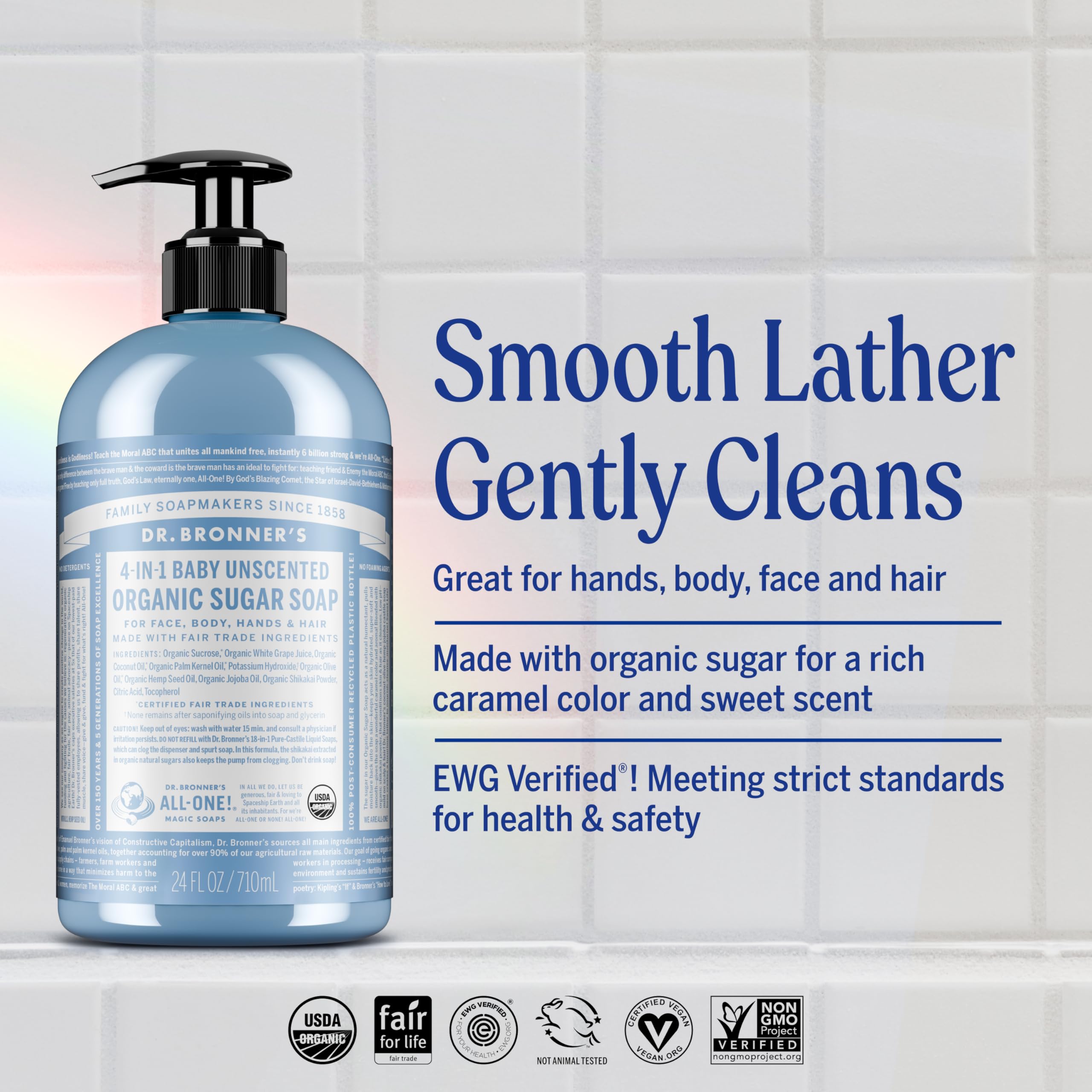 Mousse crémeuse de Dr. Bronner’s pour mains et corps, douceur assurée.