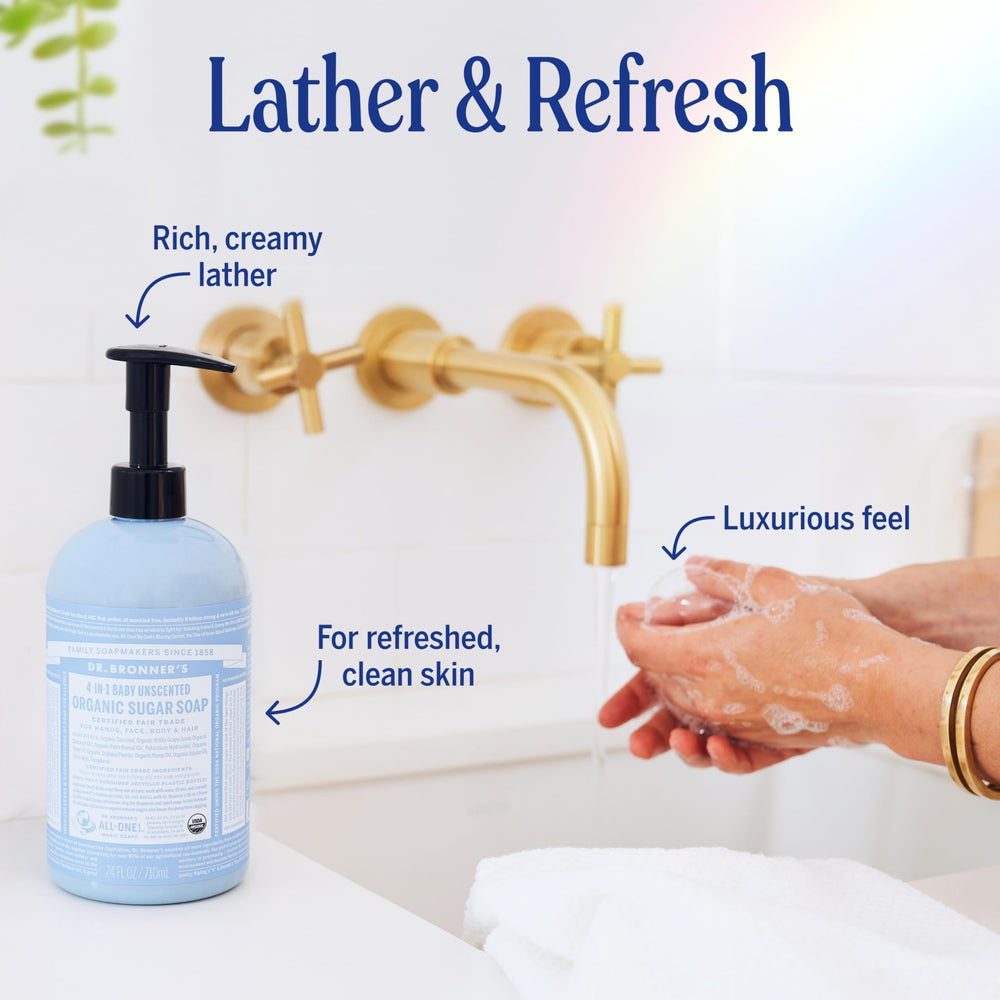 Ingrédients biologiques et équitables du savon Dr. Bronner’s pour une routine responsable.