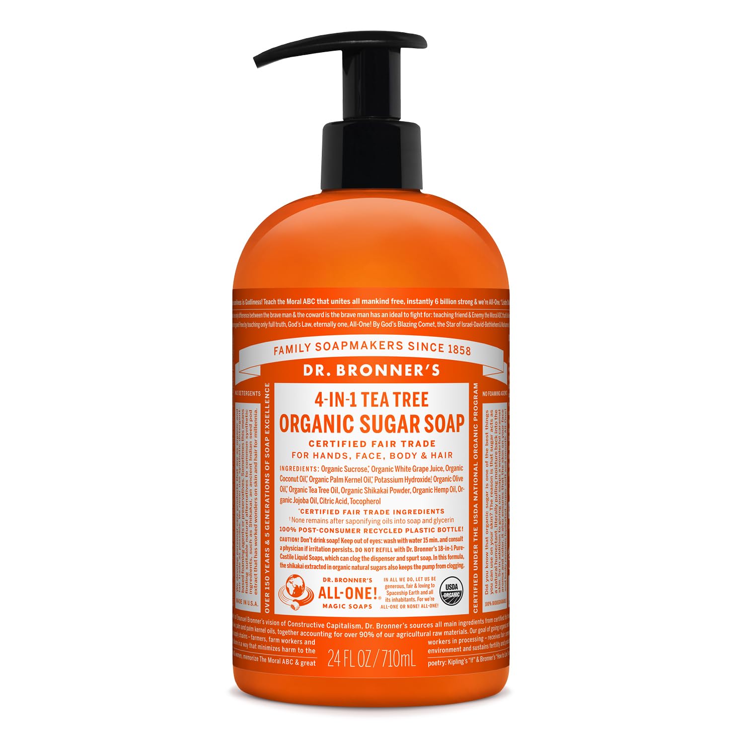 Dr. Bronner's Savon sucre bio – bouteille arbre à thé: lavage des mains hydratant.
