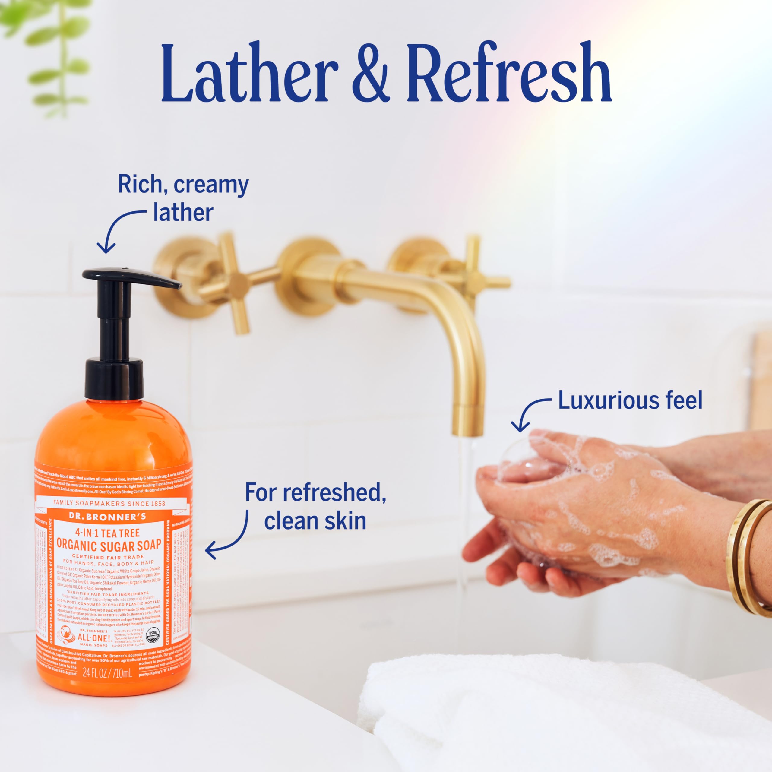 Dr. Bronner's Savon sucre bio – huiles coco olive chanvre: mousse riche et hydratation.