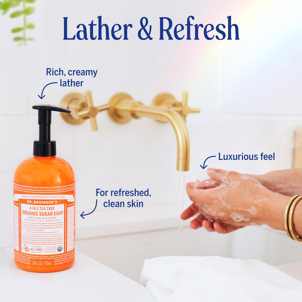 Dr. Bronner's Savon sucre bio – huiles coco olive chanvre: mousse riche et hydratation.