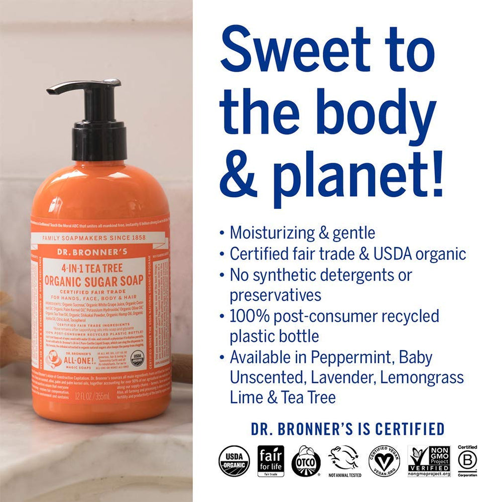 Dr. Bronner's savon sucre bio – formulation au pH doux pour cheveux sensibles.