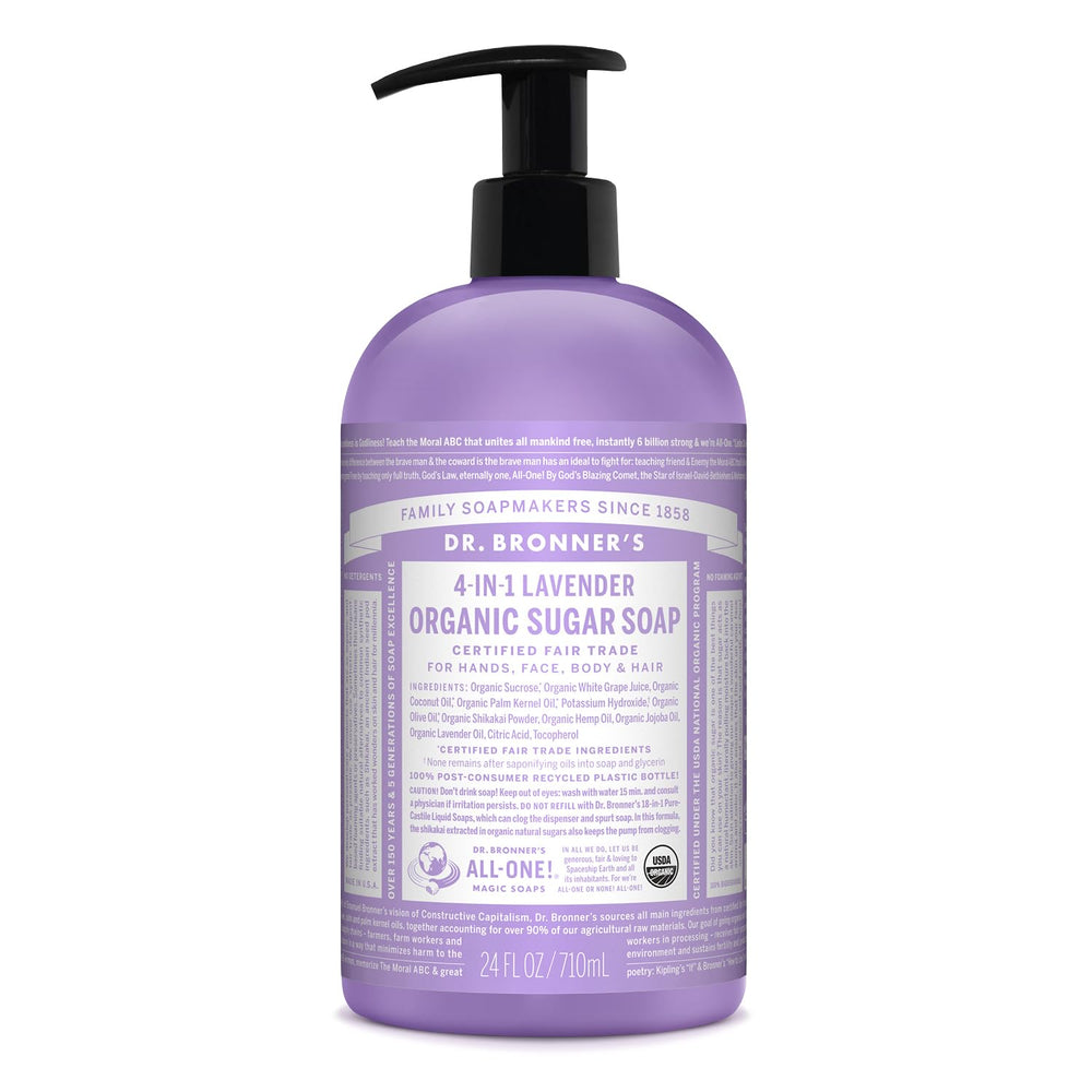 Dr. Bronner's Savon Sucre Lavande en flacon, lavage doux et nourrissant.