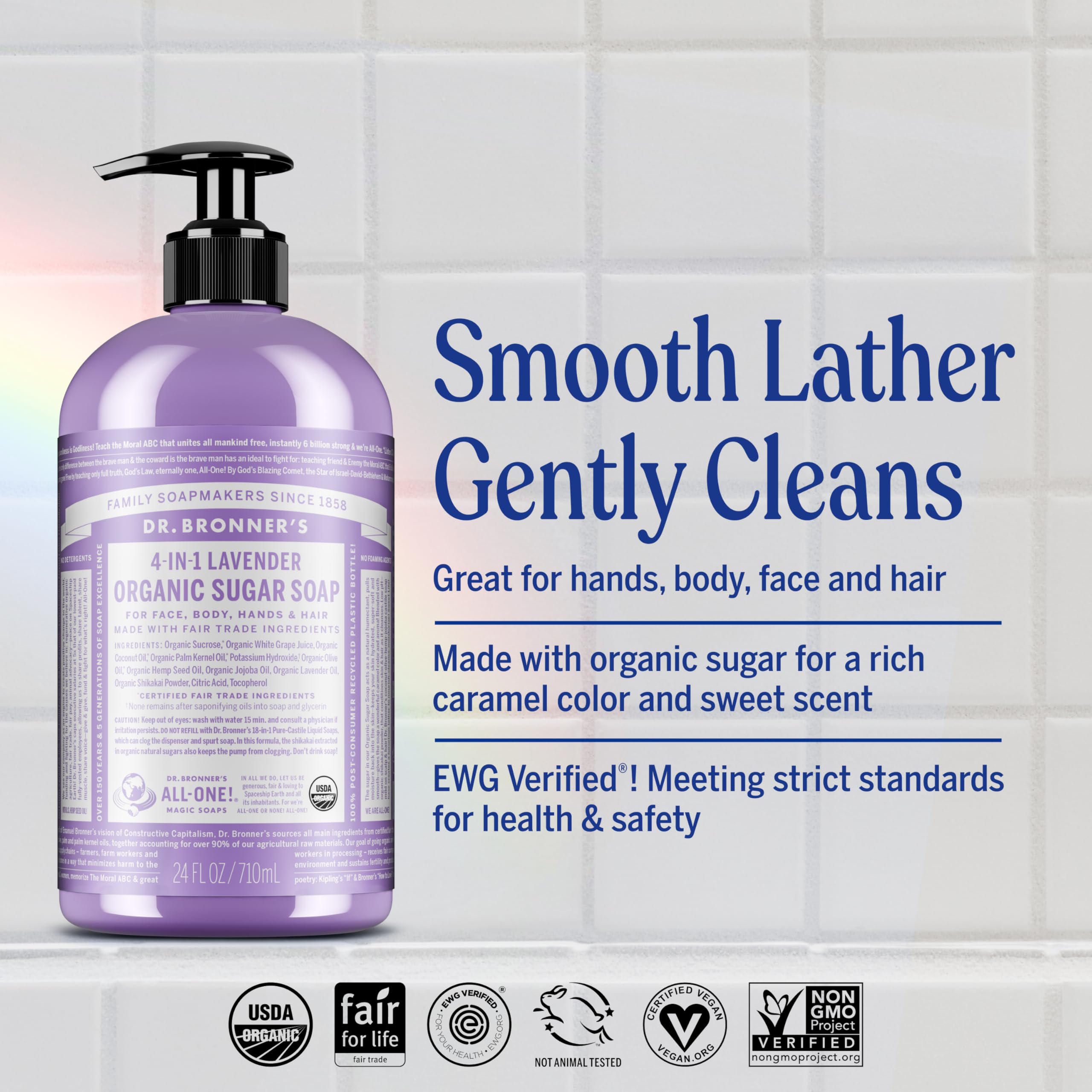 Mousse onctueuse du Savon Sucre Lavande de Dr. Bronner's.