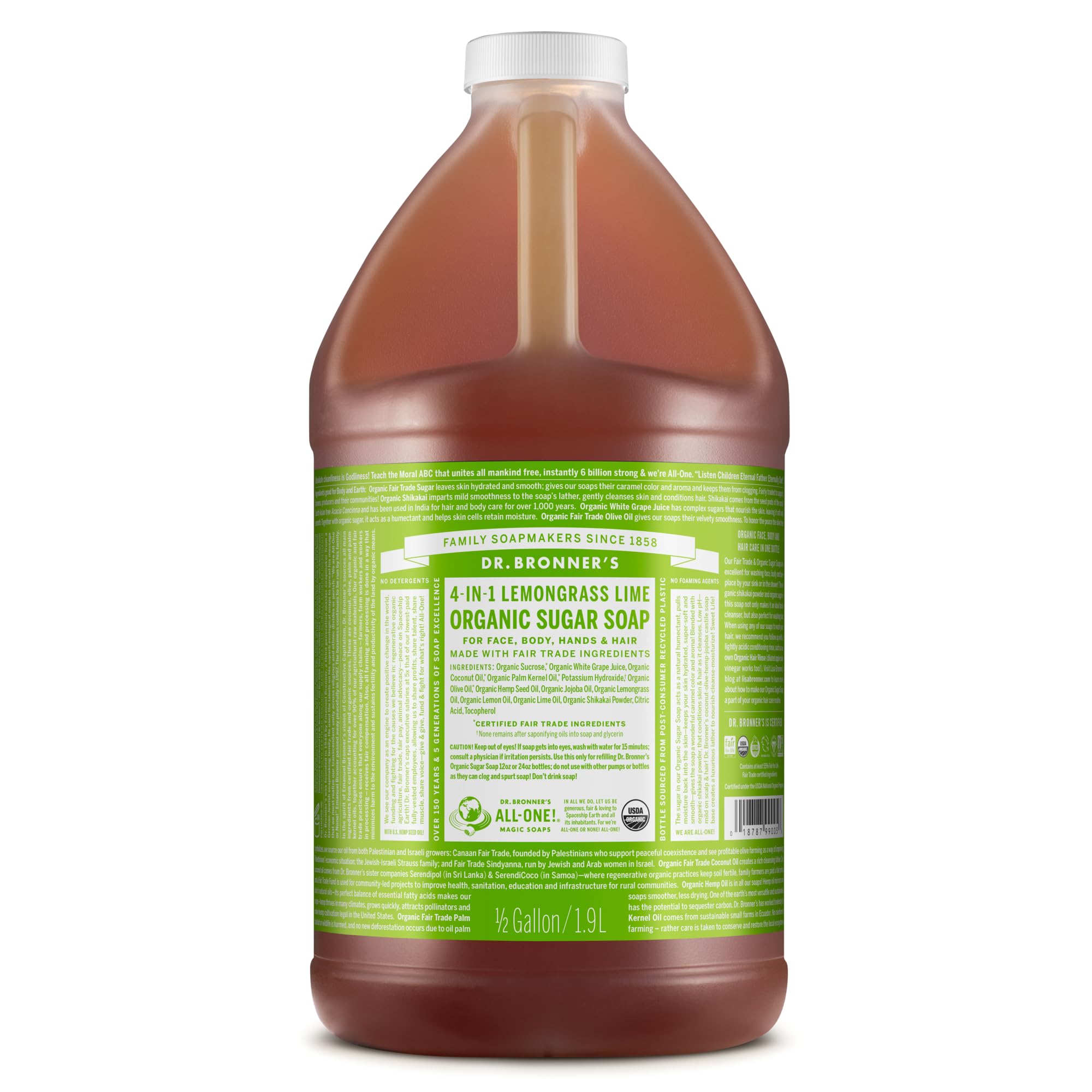 Dr. Bronner's Savon au sucre Limonnelle, bouteille 64 oz, mousse riche pour mains et corps.