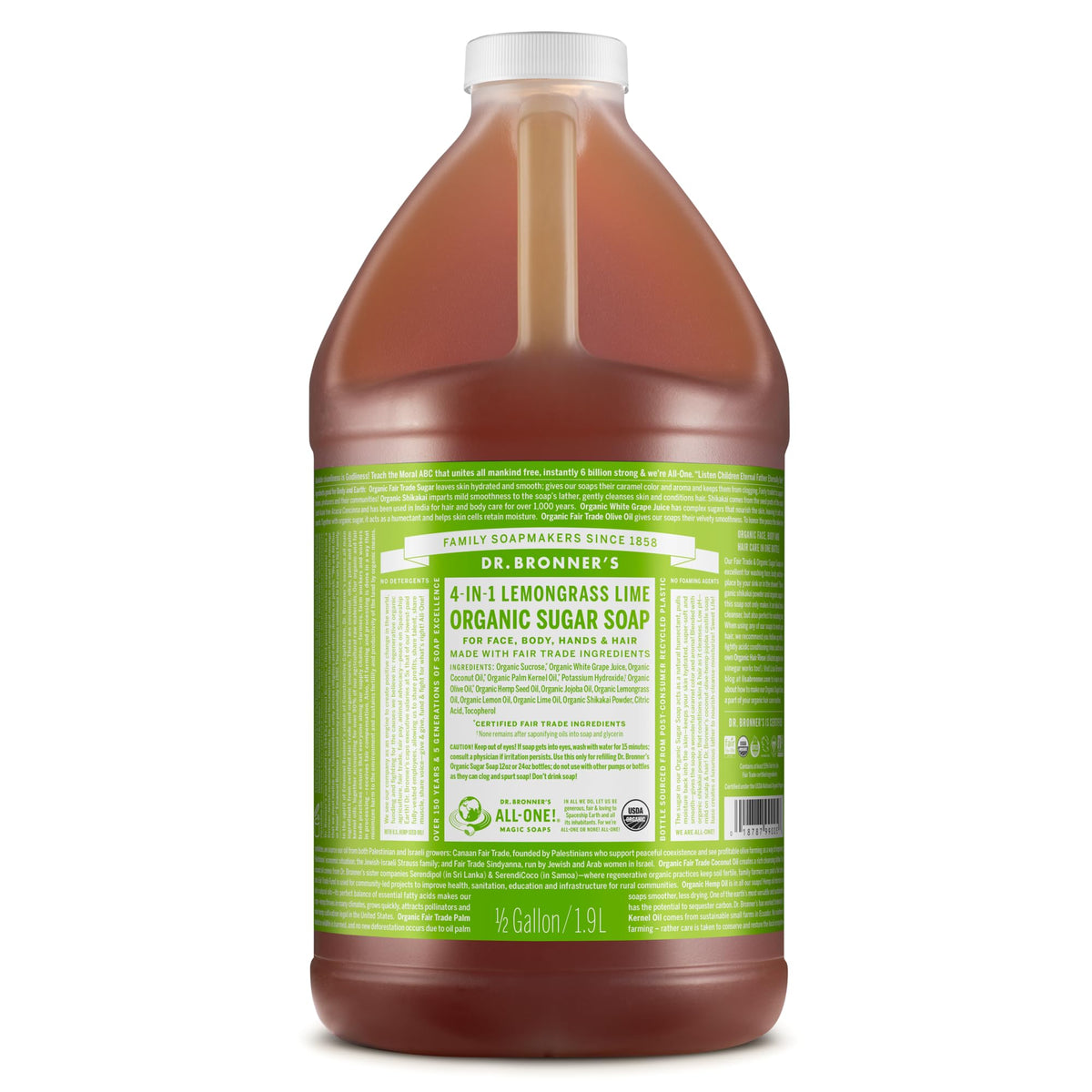 Dr. Bronner's Savon au sucre Limonnelle, bouteille 64 oz, mousse riche pour mains et corps.