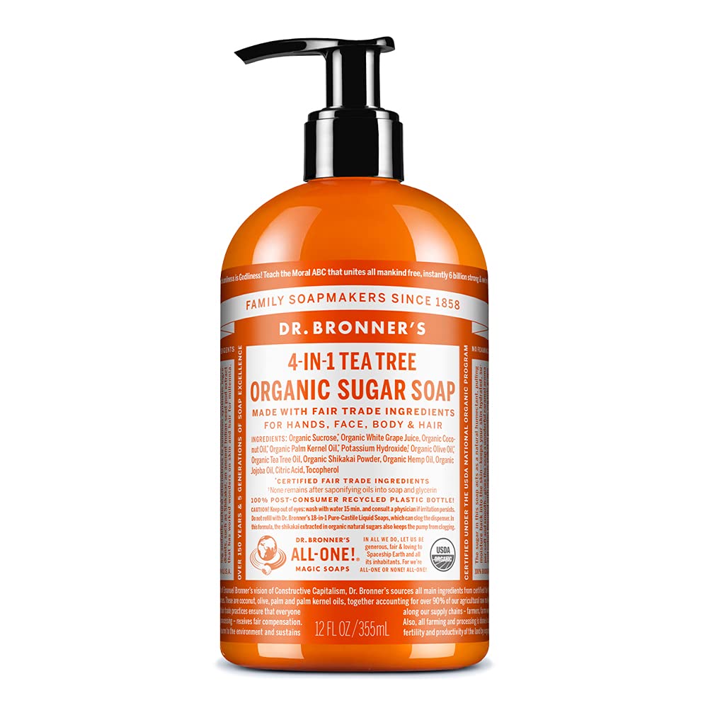 Savon Dr. Bronner's au sucre biologique arbre à thé, format 12 onces, nettoie en douceur.