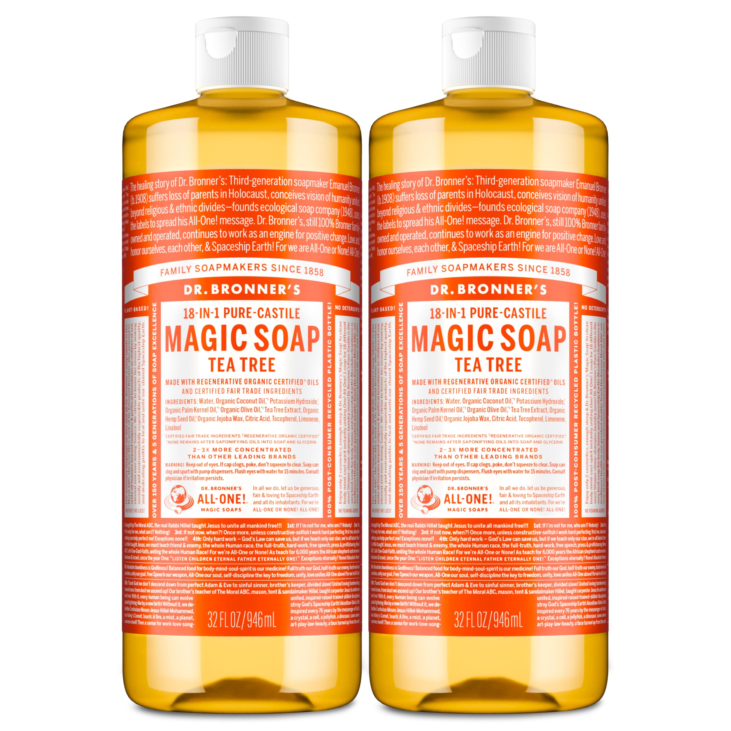Dr. Bronner’s Savon Tea Tree Pure-Castile, bouteille 32 oz, lot de 2, polyvalent.