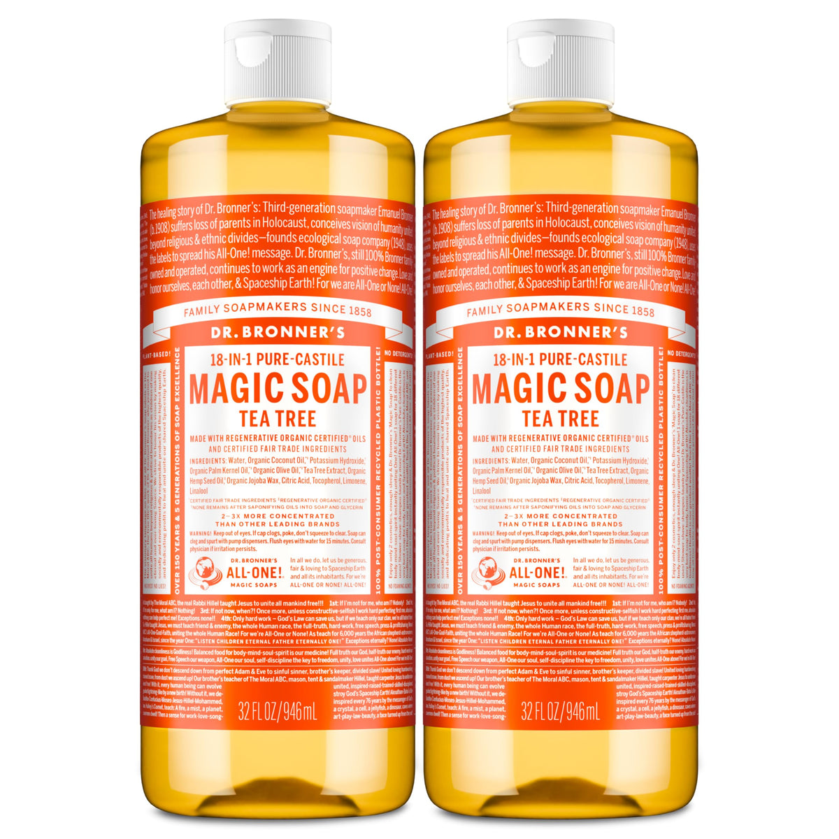 Dr. Bronner’s Savon Tea Tree Pure-Castile, bouteille 32 oz, lot de 2, polyvalent.