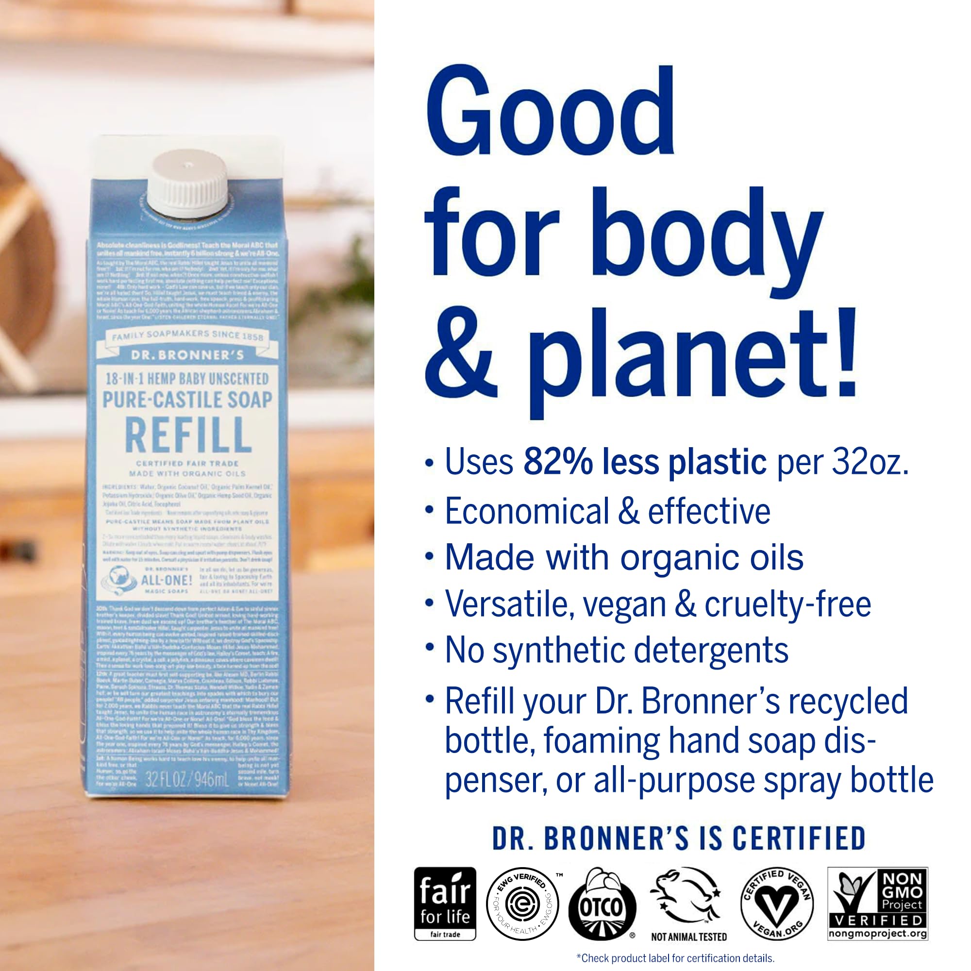 Dr. Bronner's unscented baby formula shown for gentle skin cleansing.