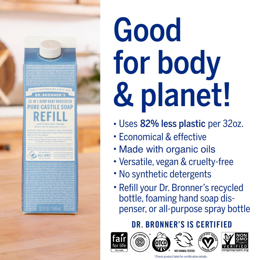 Dr. Bronner's unscented baby formula shown for gentle skin cleansing.