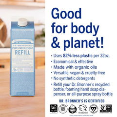 Dr. Bronner's unscented baby formula shown for gentle skin cleansing.