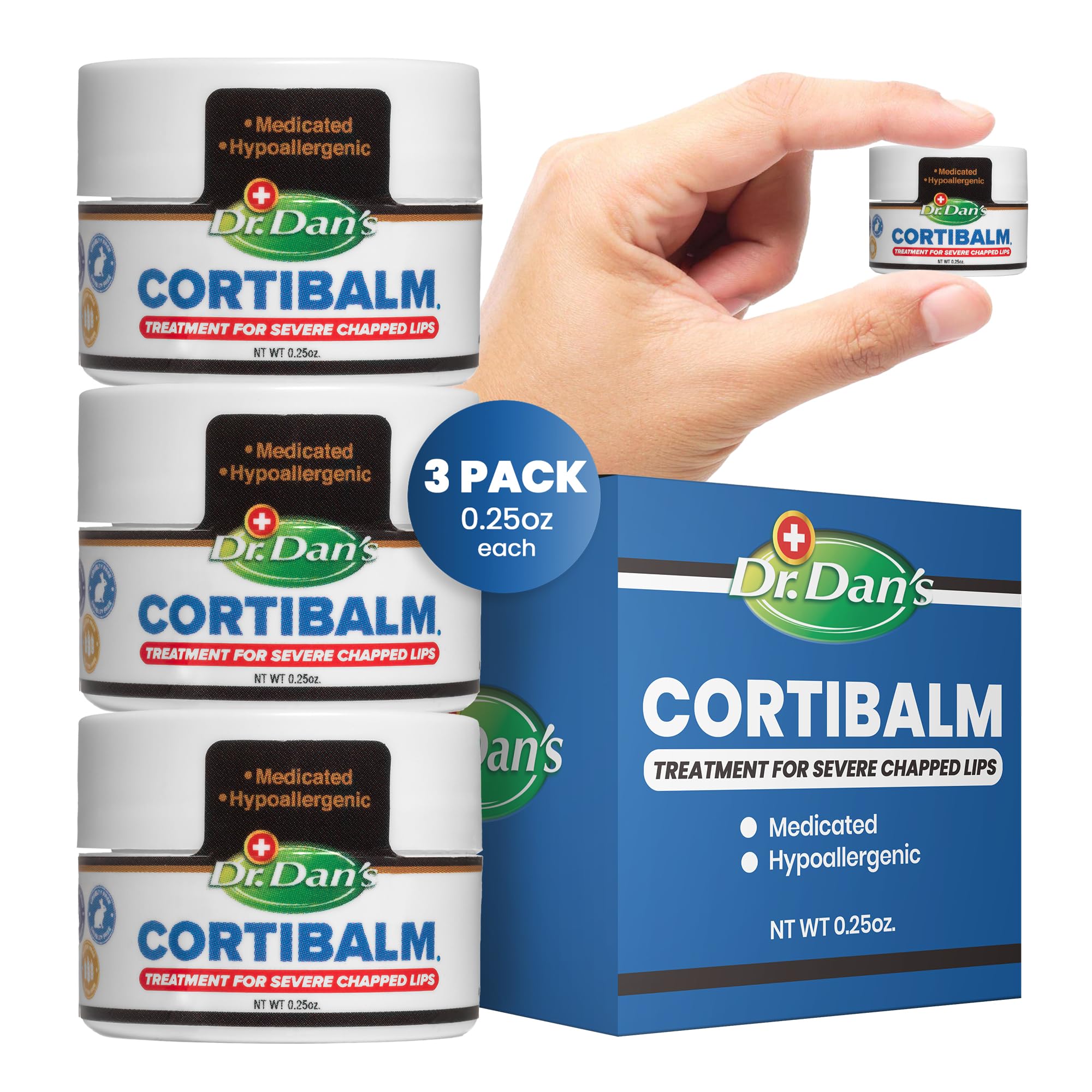 Dr. Dan's Cortibalm jar 3-pack bottle close-up for soothing dry lips