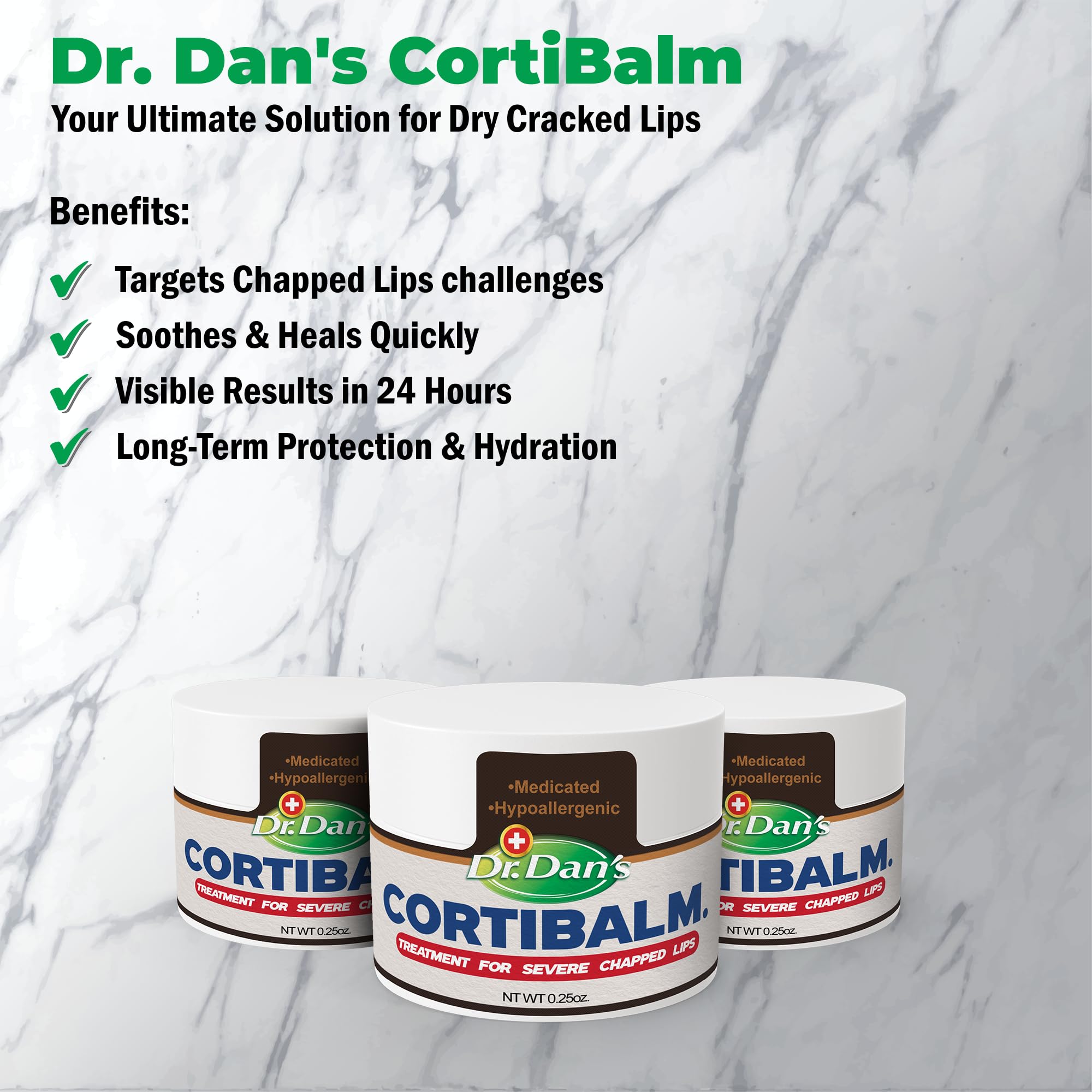 Dr. Dan's Cortibalm jar 3-pack in-use on lips during cold weather
