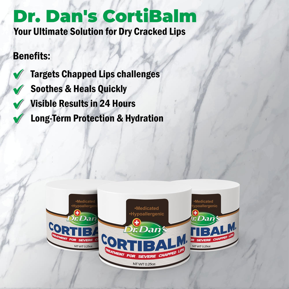 Dr. Dan's Cortibalm jar 3-pack in-use on lips during cold weather