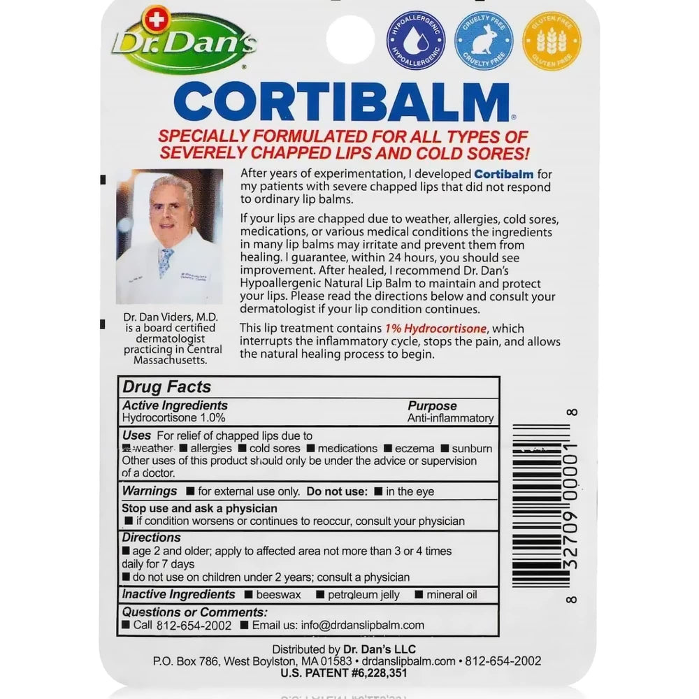 Tube Cortibalm de Dr. Dan's, soin doux pour les lèvres sensibles.