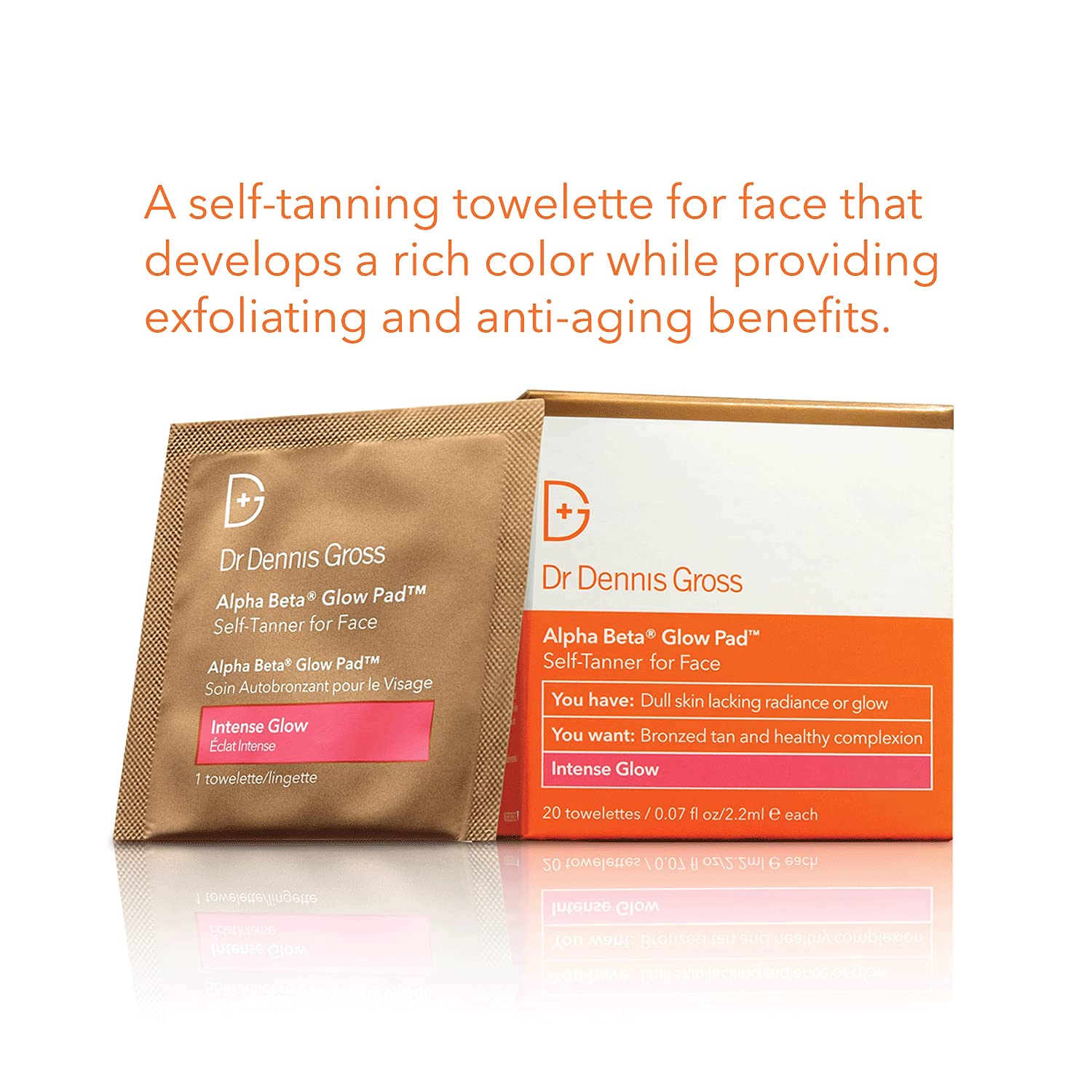 Emballage compact Dr Dennis Gross pour lingettes auto-bronzantes, pratique en voyage.