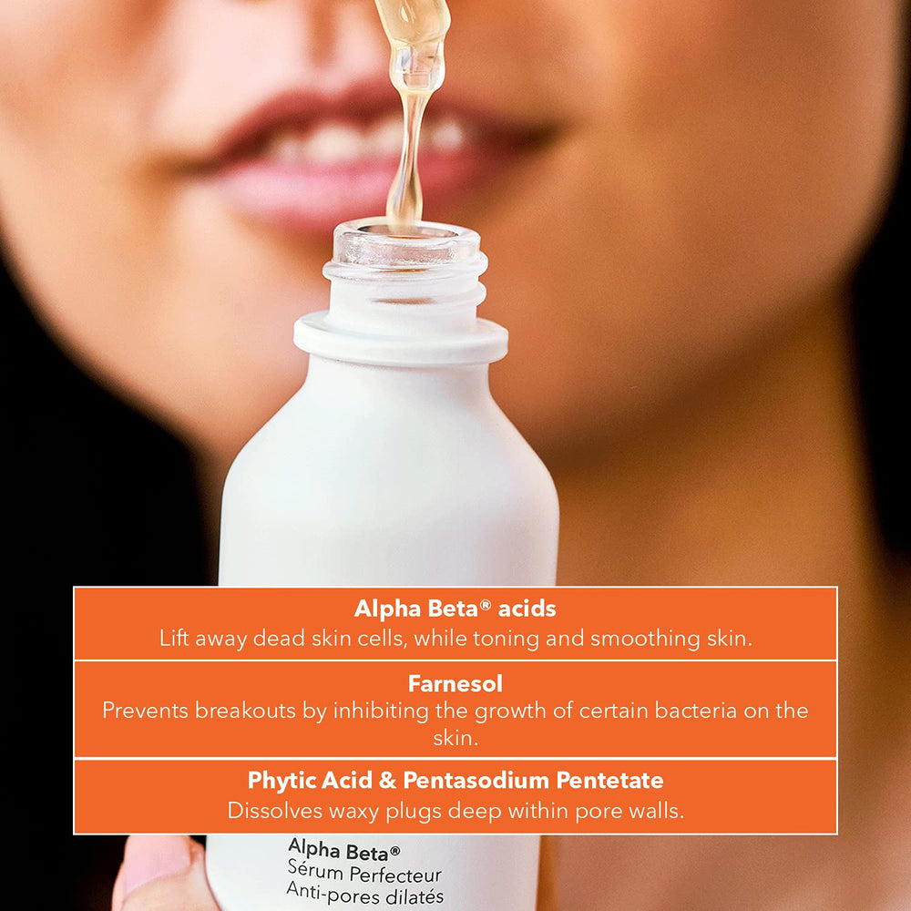 Dr. Dennis Gross Alpha Beta Serum, flacon sans silicone, pores nets.