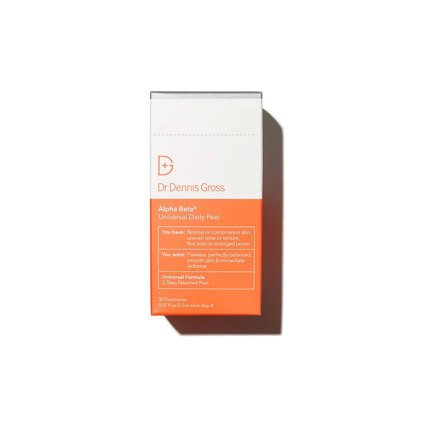 Dr Dennis Gross Alpha Beta Universal Daily Peel – emballage clair pour routine rapide et efficace.