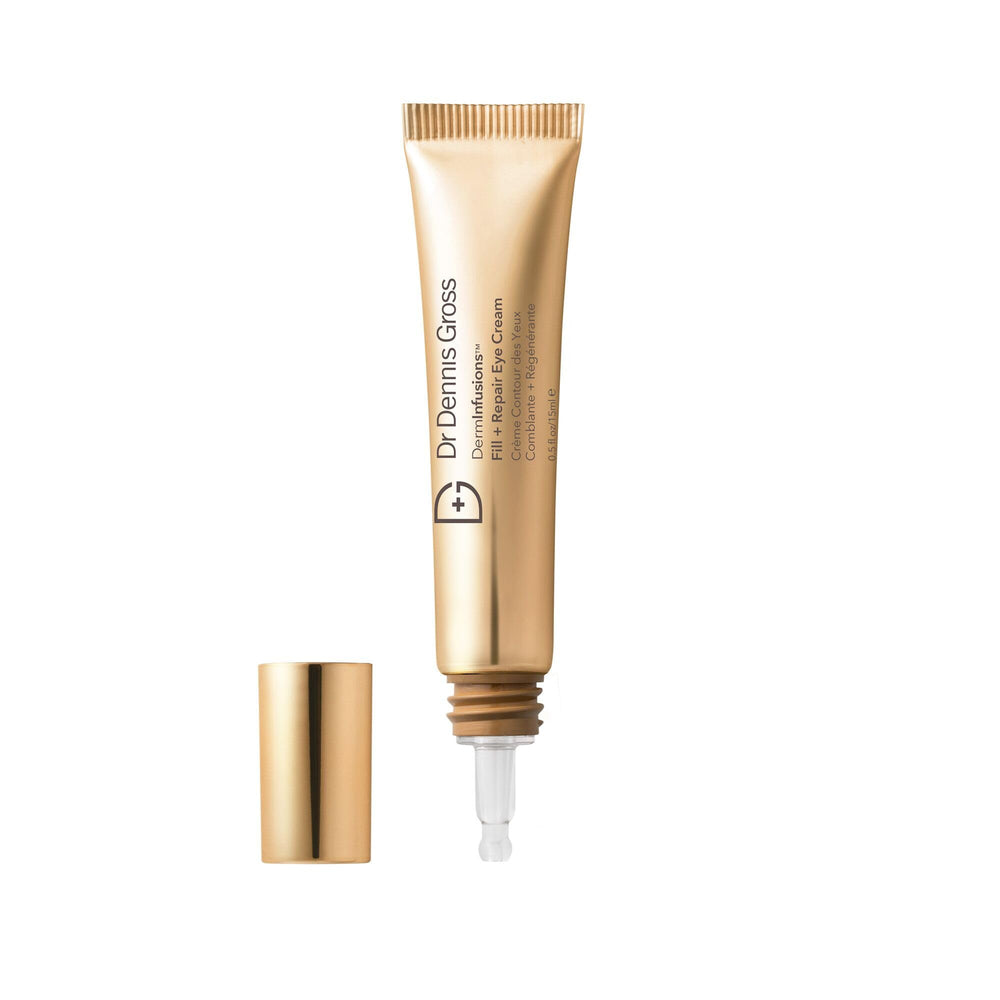 Dr Dennis Gross DermInfusions Fill + Repair Eye Cream, bouteille visible, hydratation ciblée du contour des yeux.