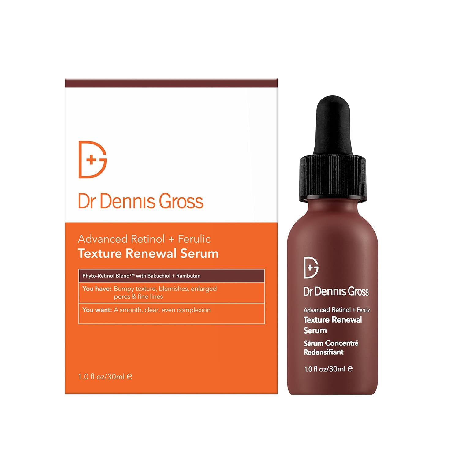 Dr Dennis Gross Advanced Retinol Serum sur flacon-pompe, texture plus lisse.