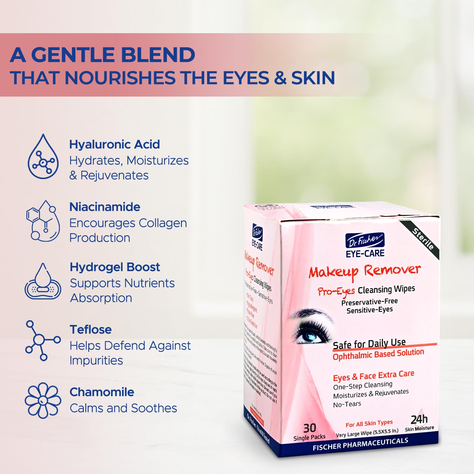 Dr. Fischer lingettes sans rinçage, nettoyage rapide pour visage et yeux.