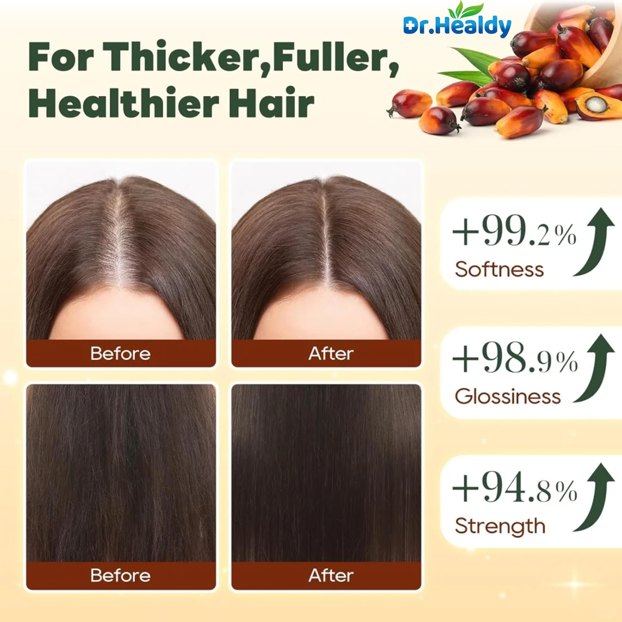Gros plan sur cheveux après utilisation: brillance et douceur accrues.