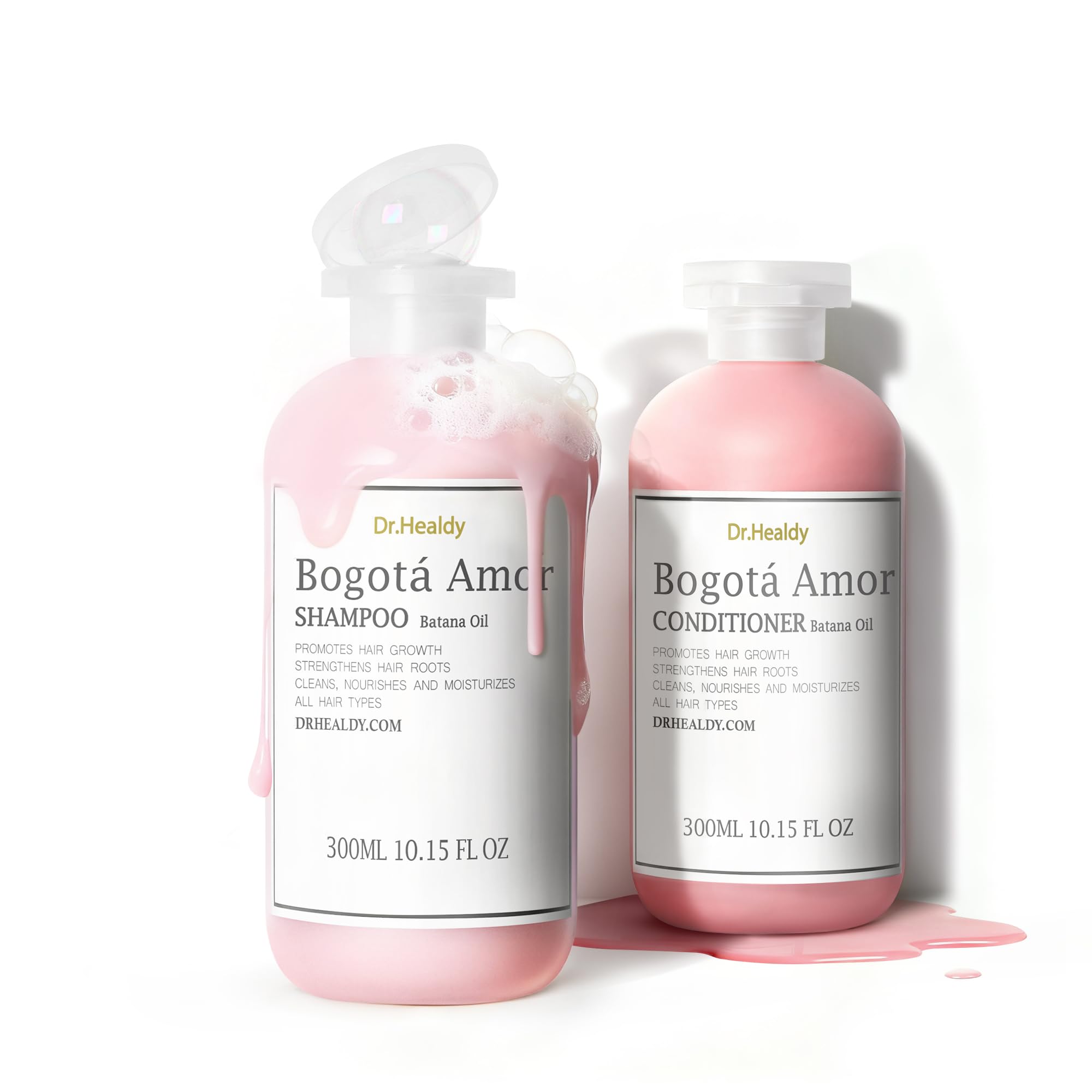Dr Healdy ensemble shampoing et après-shampoing rose, hydratation accrue pour cheveux secs.