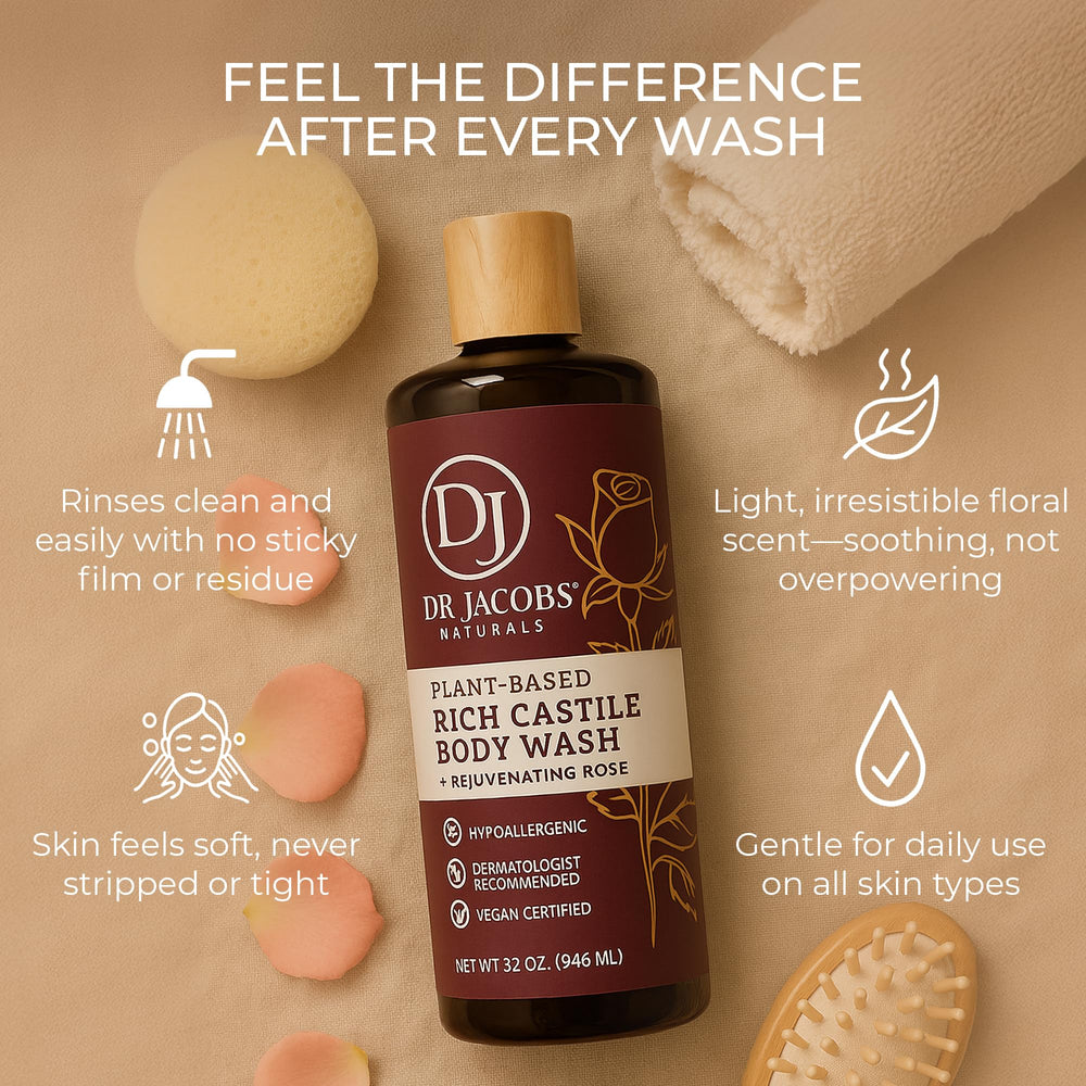 Dr. Jacobs Naturals Lait Castille Rose, ingrédients naturels visibles pour une peau douce
