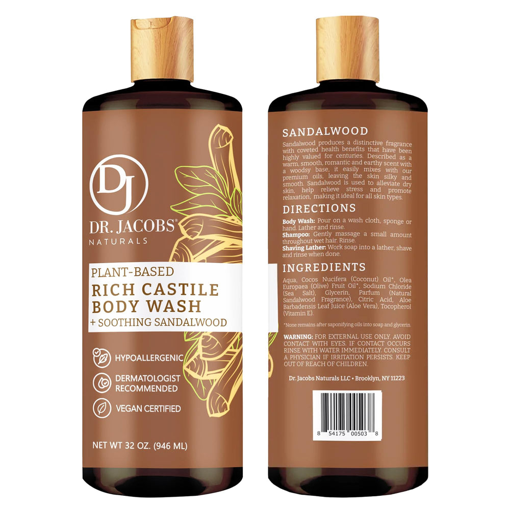 DR.JACOBS NATURALS santal – étiquette visible, parfum apaisant pendant la douche.