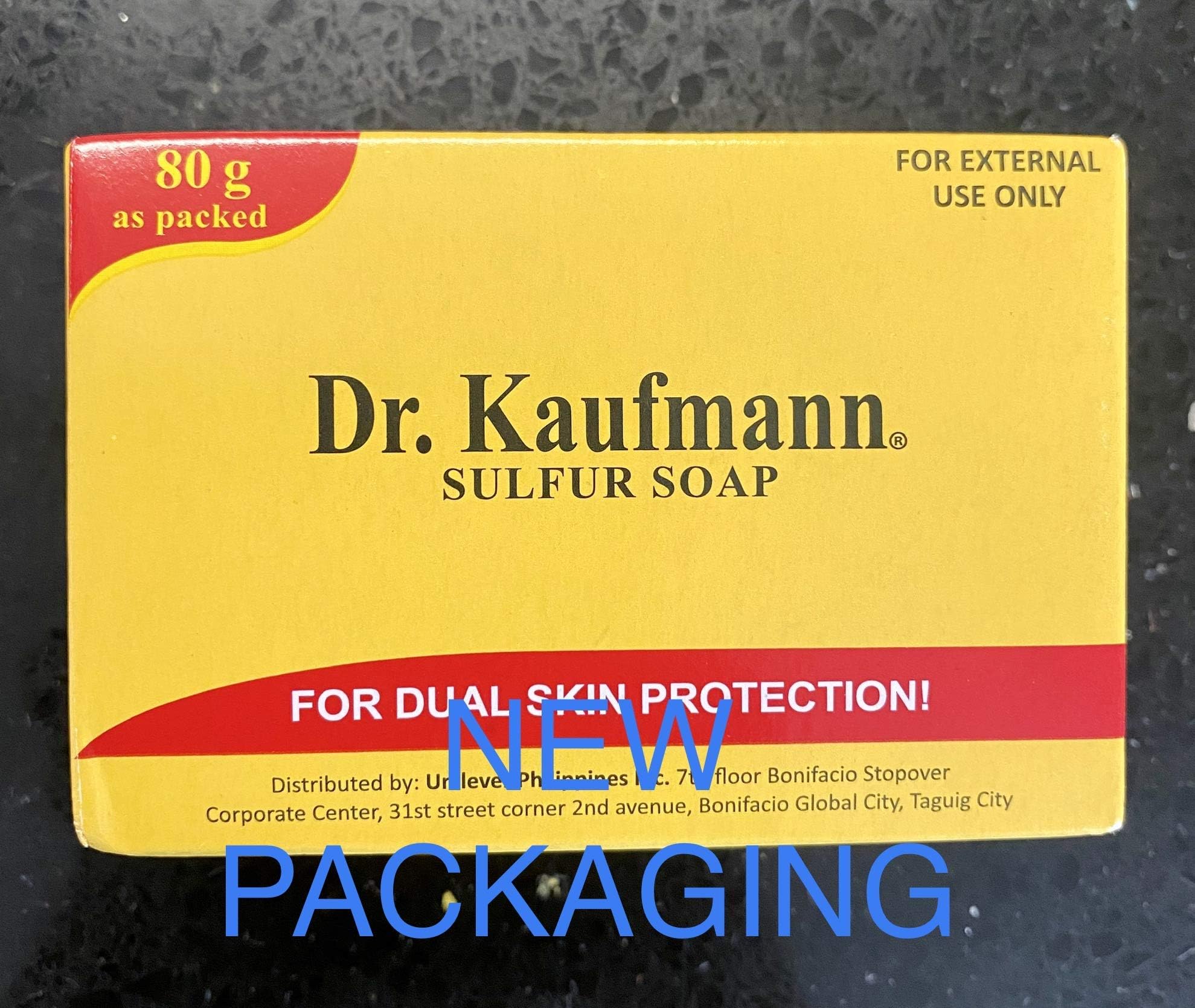Emballage Dr Kauffman – savon médicamenteux fabriqué aux Philippines par Unilever.