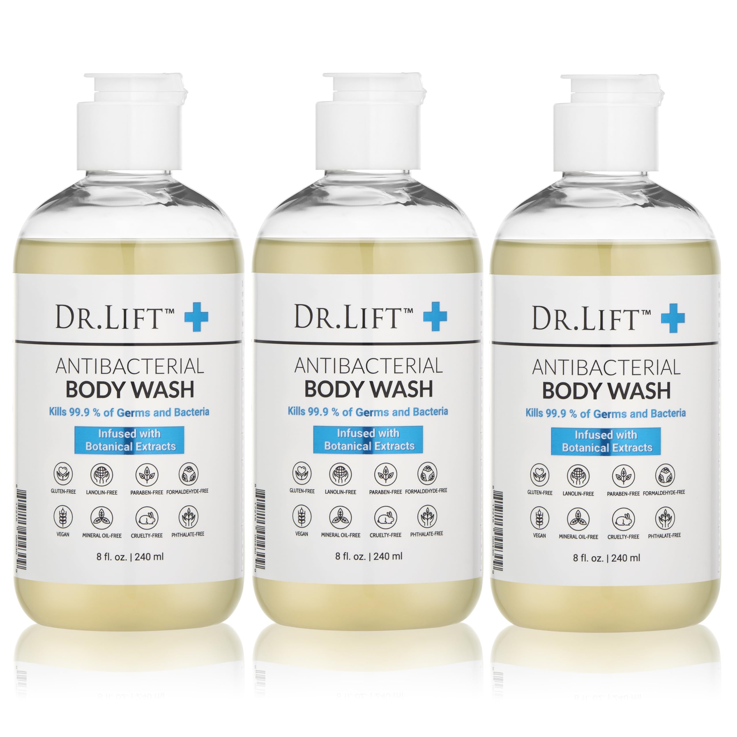 Gel douche antibactérien DR. LIFT, lot de trois bouteilles prêt à l’emploi pour l’hygiène quotidienne.