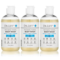 Gel douche antibactérien DR. LIFT, lot de trois bouteilles prêt à l’emploi pour l’hygiène quotidienne.