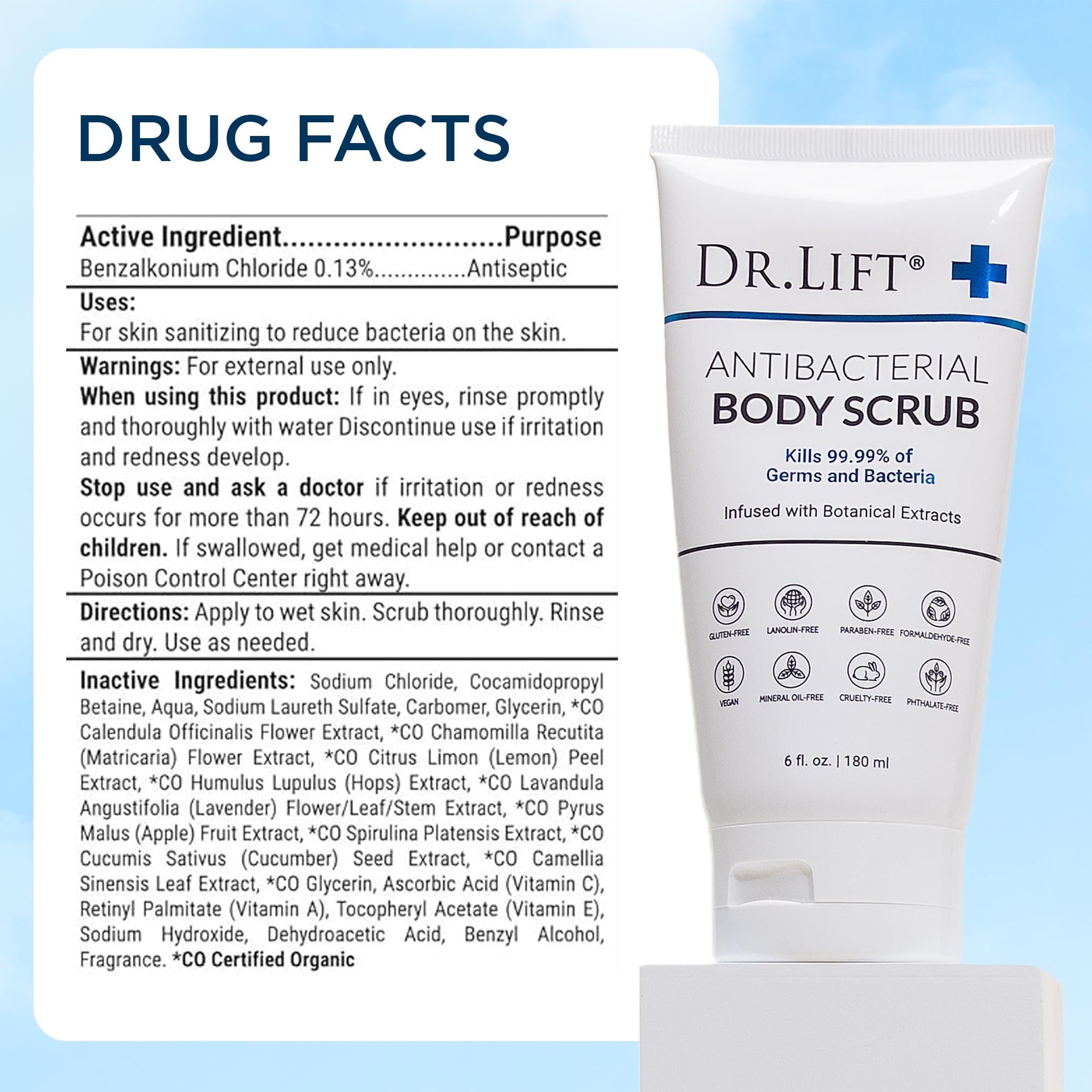 Dr. Lift gommage corps antibacterien, massage doux pour routine quotidienne