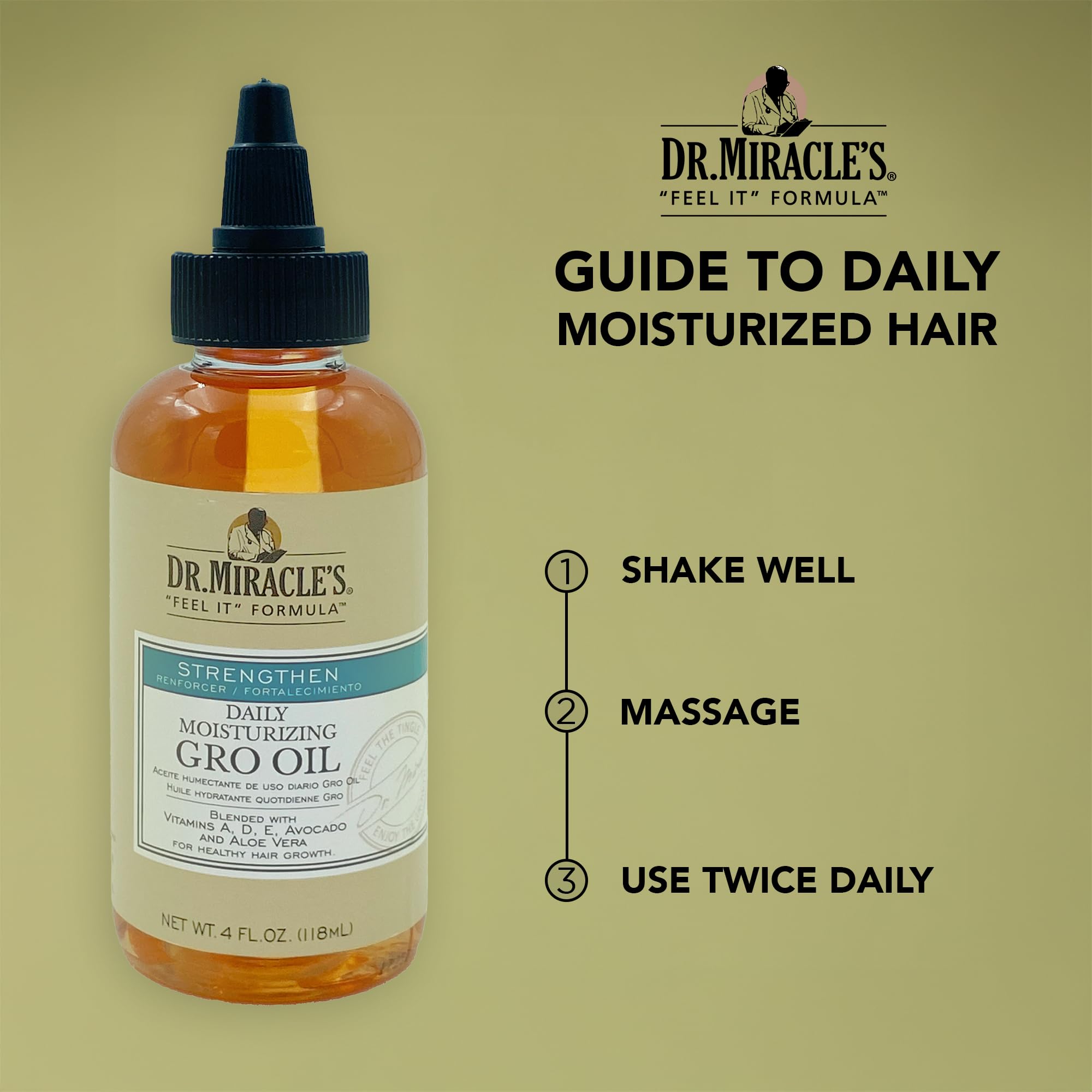 Vitamine A dans Dr. Miracle's Gro Oil pour l éclat et réduction possible des fourches.