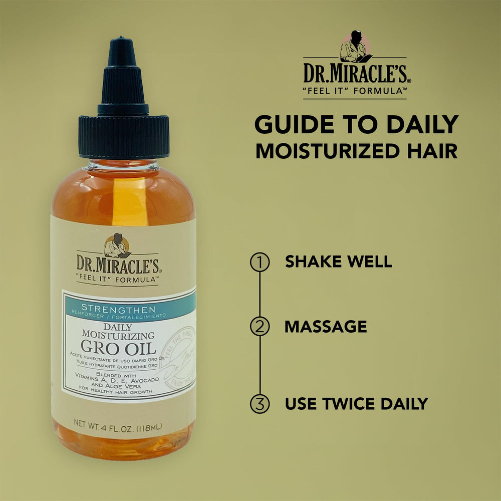 Vitamine A dans Dr. Miracle's Gro Oil pour l éclat et réduction possible des fourches.