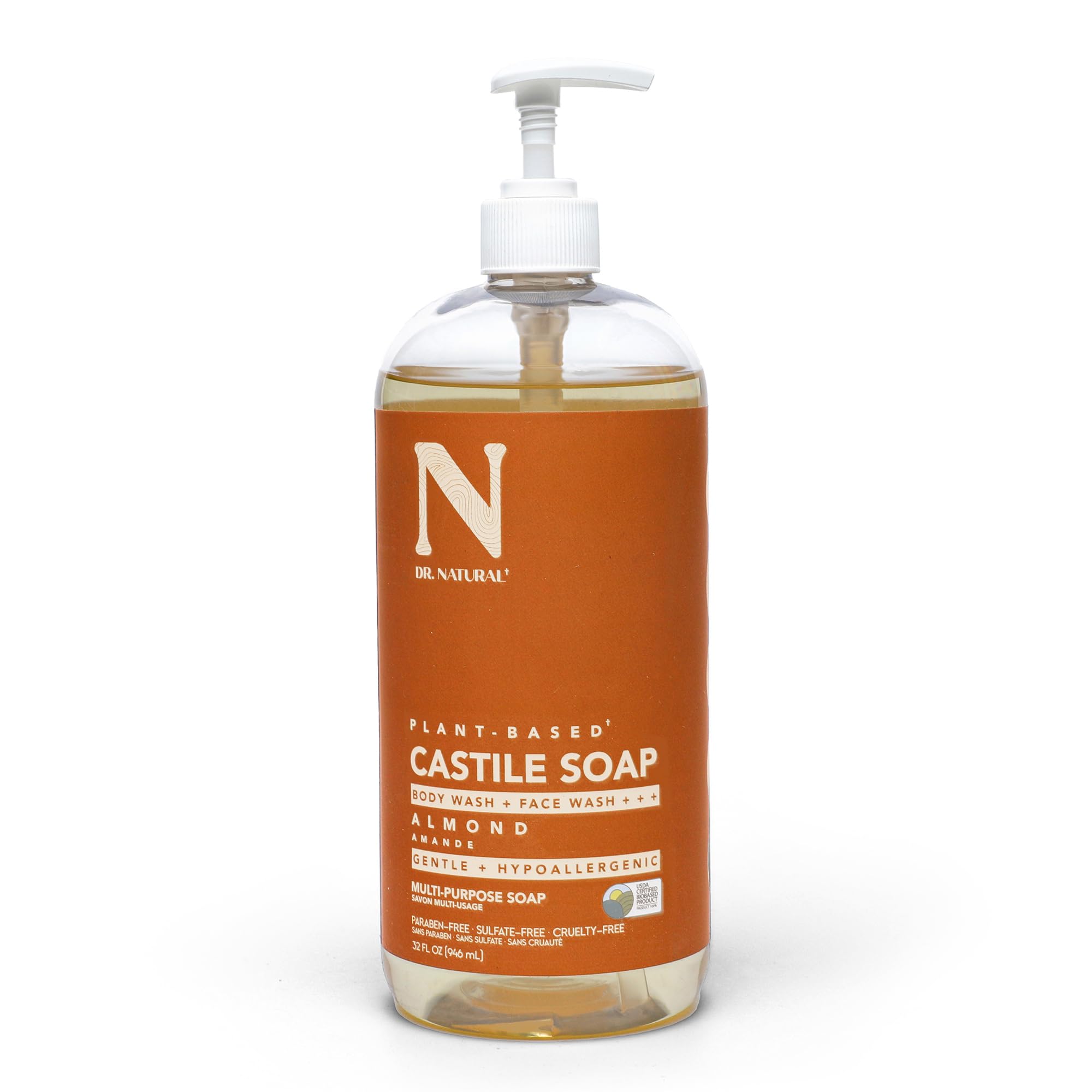 Dr. Natural Savon Castile Liquide en bouteille parfum amande, hydratant et polyvalent pour toute la famille.