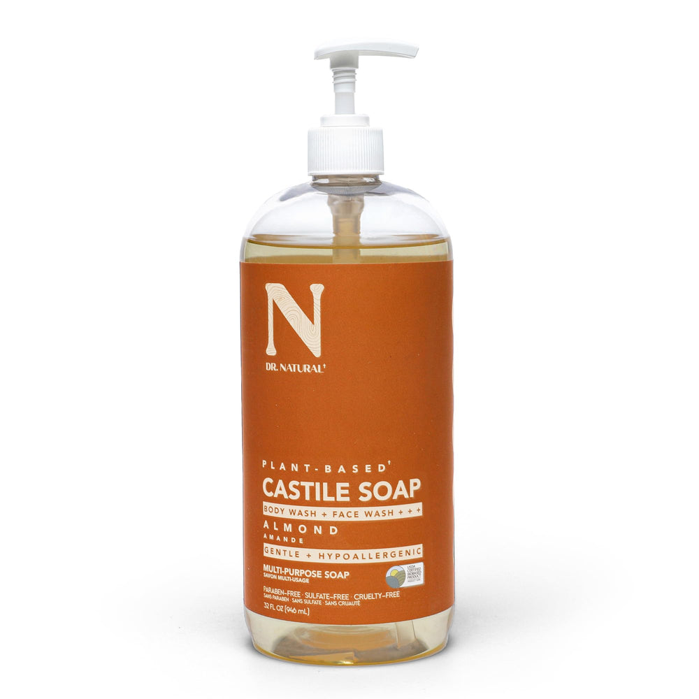 Dr. Natural Savon Castile Liquide en bouteille parfum amande, hydratant et polyvalent pour toute la famille.