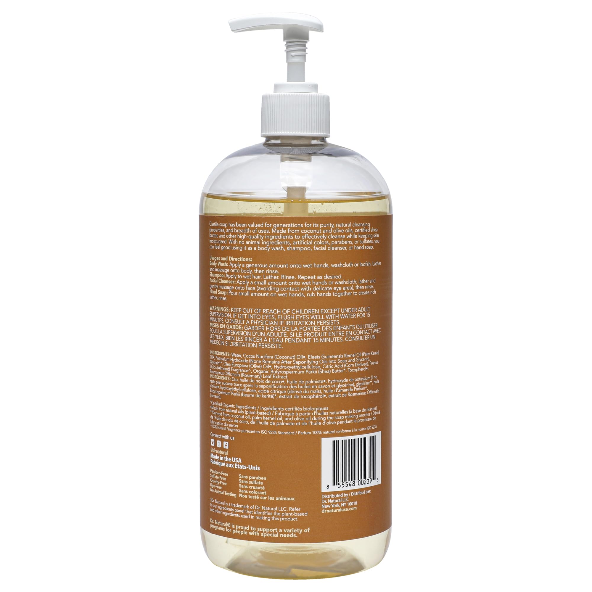 Dr. Natural Savon Castile Liquide, usage quotidien pour corps, visage et mains.