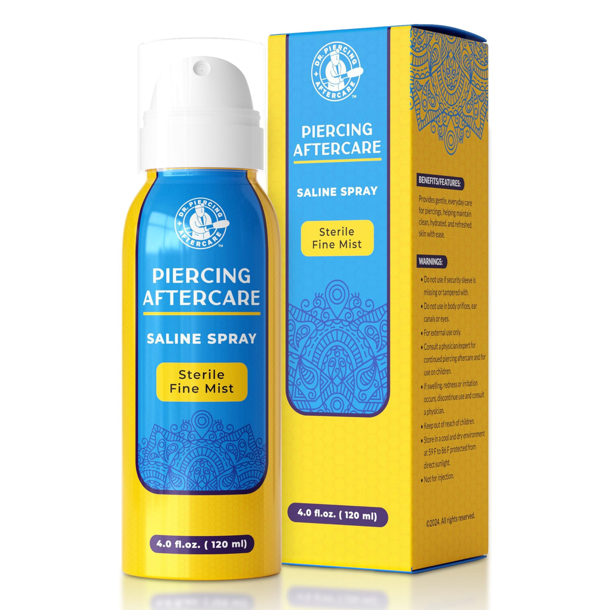 Dr. Piercing Aftercare brume fine sur bouteille d’eau saline stérile.